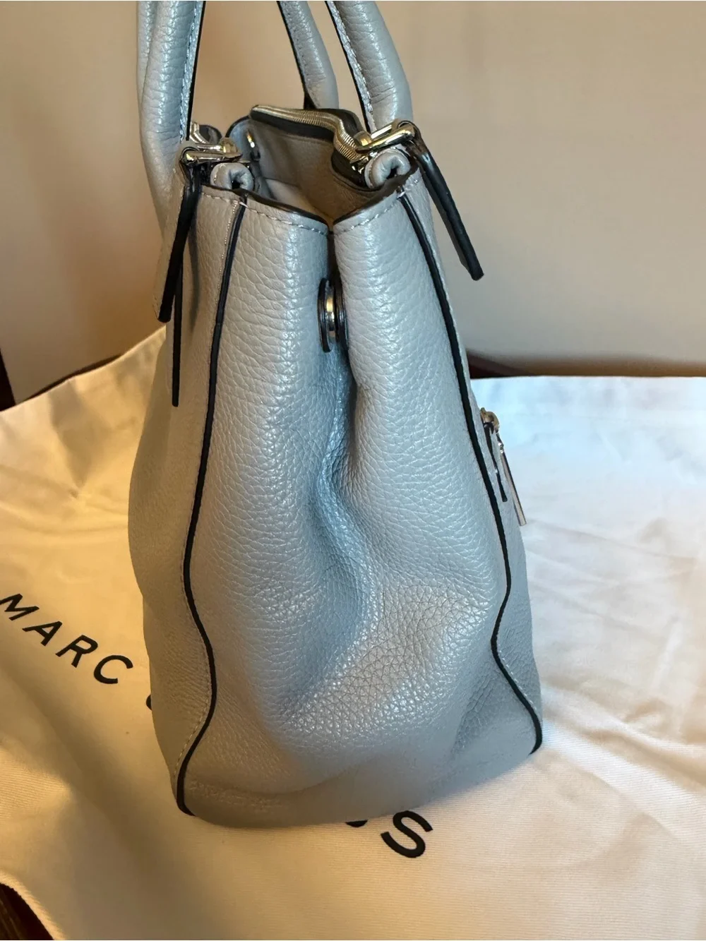 Marc Jacobs Light Gray Pebbled Leather Satchel with Striped Strap